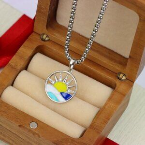 "Round Silver Pendant with Colorful Sun and Wave Enamel Design, XPPT1867